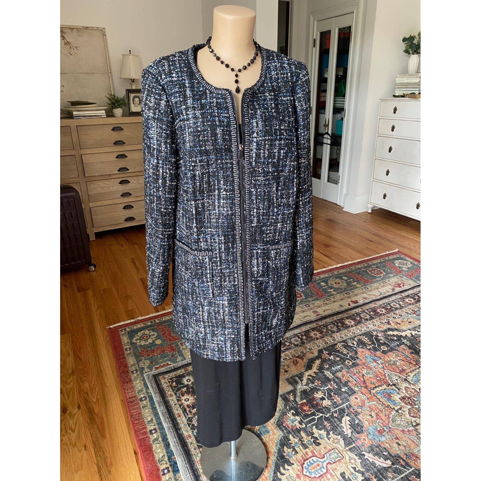 Venus Womens Blue Black Metallic Tweed Zip Front Longline Jacket Blazer Size 12